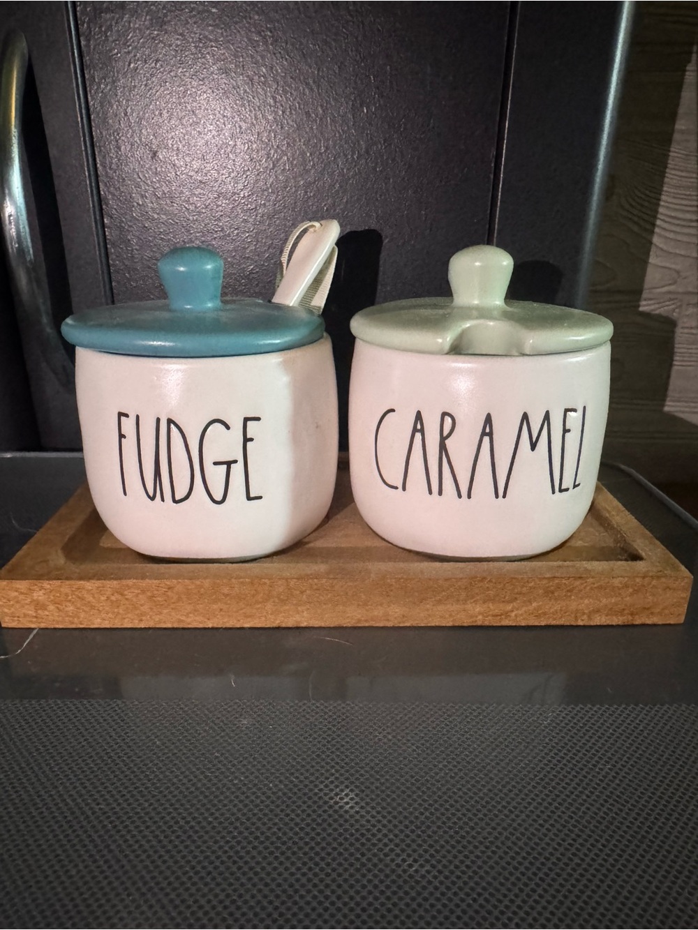 Rae Dunn FUDGE & CARAMEL Canister Set with Wooden Tray Ice Cream Topping Station